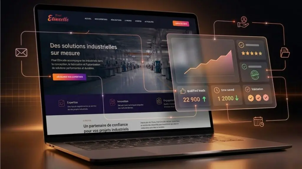 Laptop premium avec un tableau de bord aux indicateurs au vert, dans une ambiance sombre mais rassurante, représentant les résultats concrets obtenus par les entreprises industrielles et cabinets de Saint-Louis, Mulhouse, Delémont et Le Noirmont grâce à leur site web et à l’automatisation.
